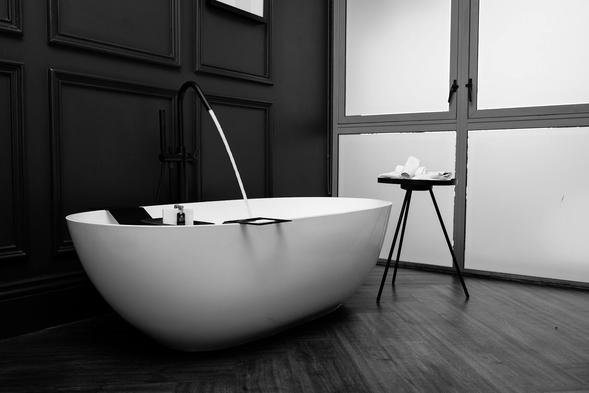 Luxurious spa-style bathroom with freestanding bath