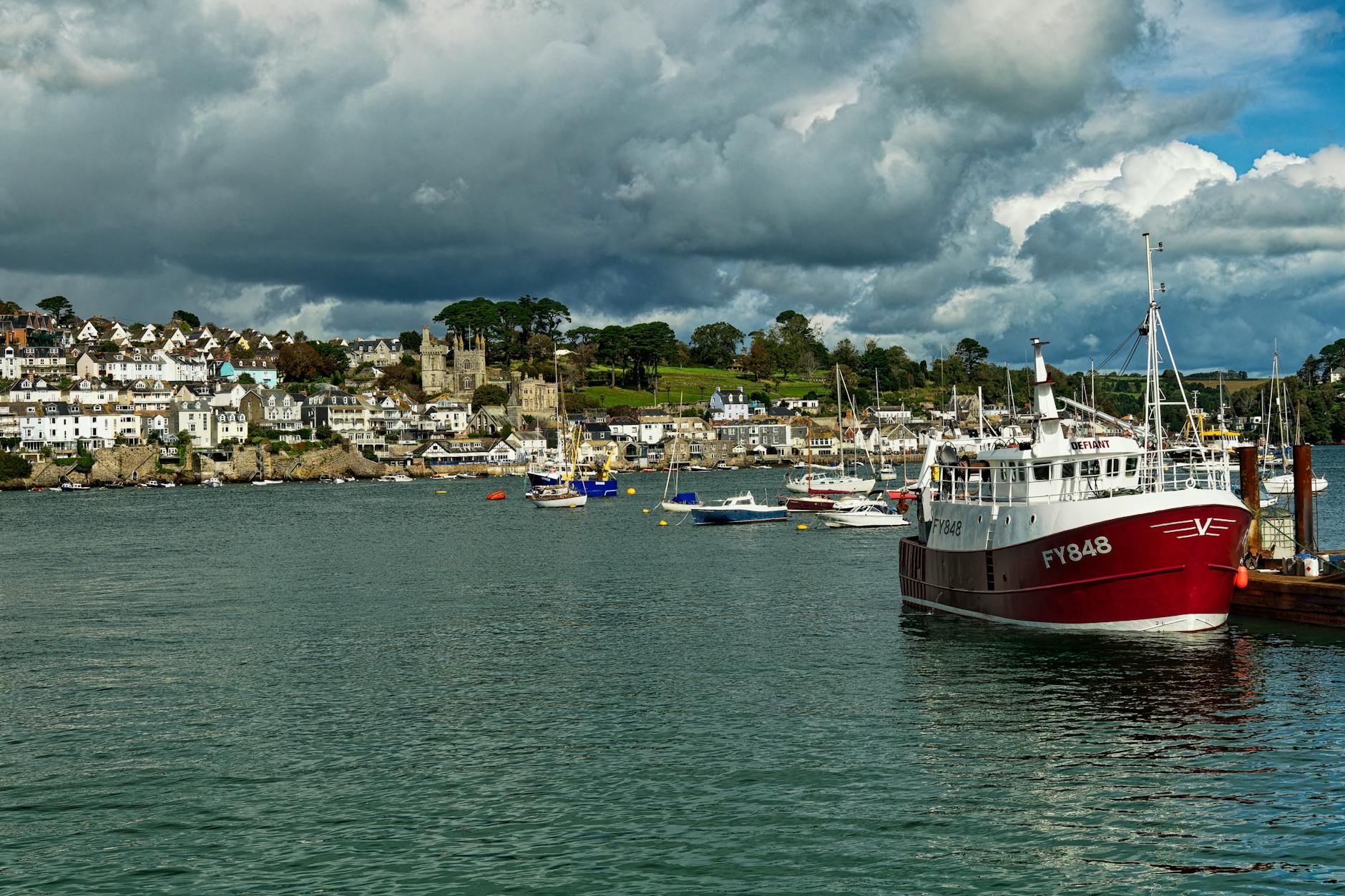 Fowey Cornwall harbour estuary with colourful houses Esplanade