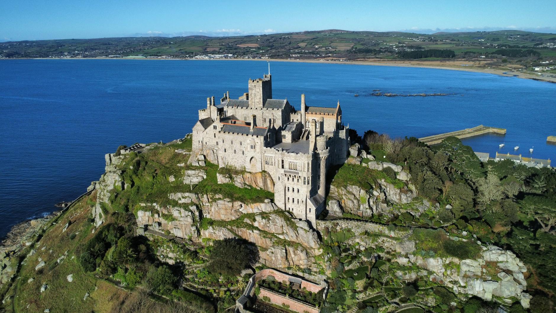 St Michael's Mount island castle rising from the sea at Marazion, Cornwall