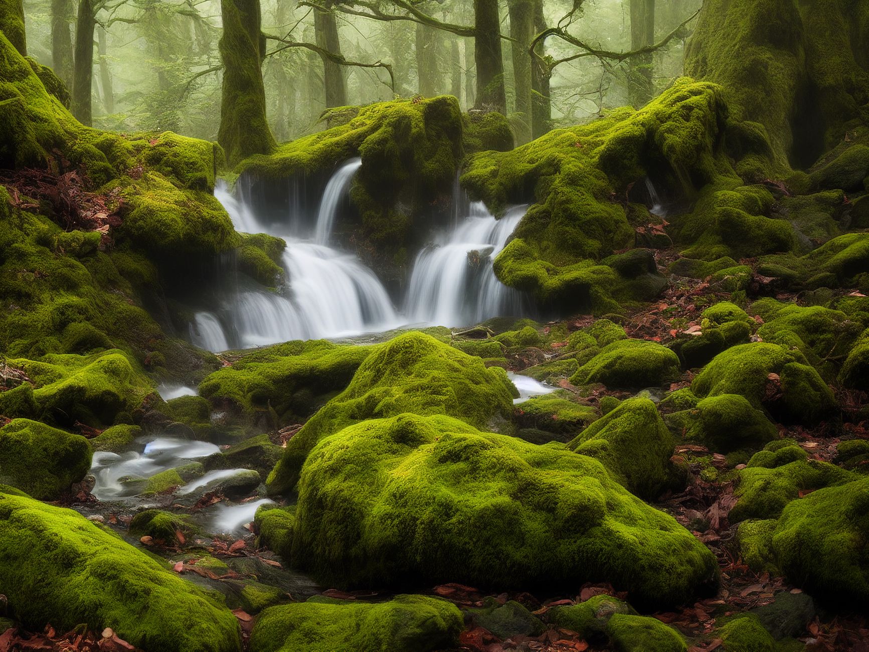 River tumbling over mossy boulders through oak woodland at Golitha Falls