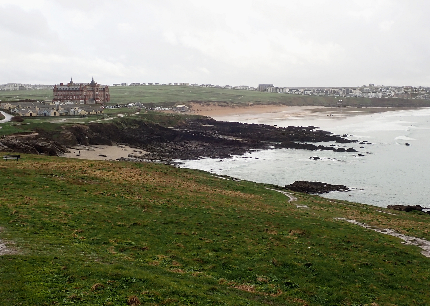 The red-brick Headland Hotel above Fistral Bay, seen from Towan Head