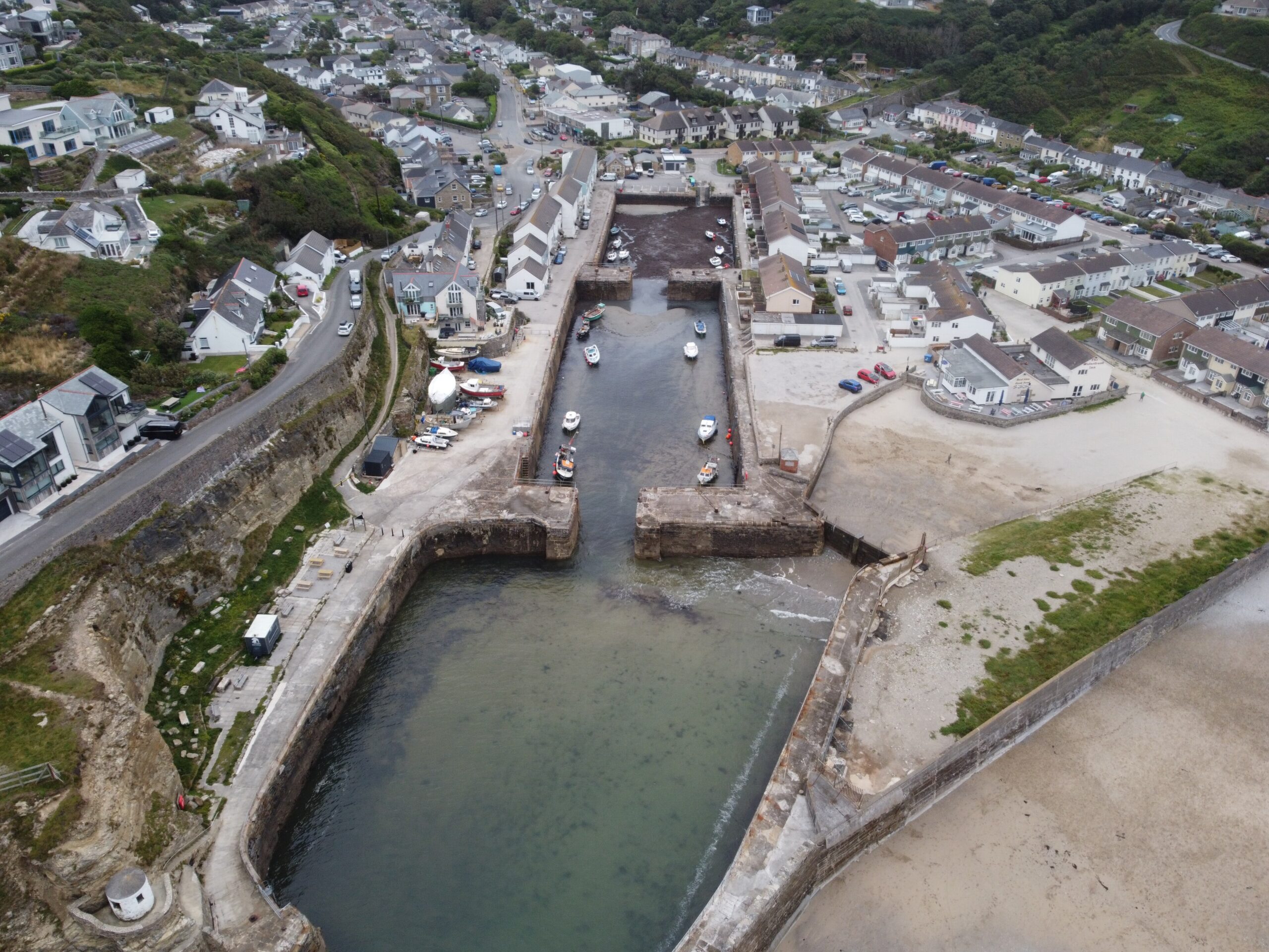 Portreath harbour and beach on the north Cornwall coast from above