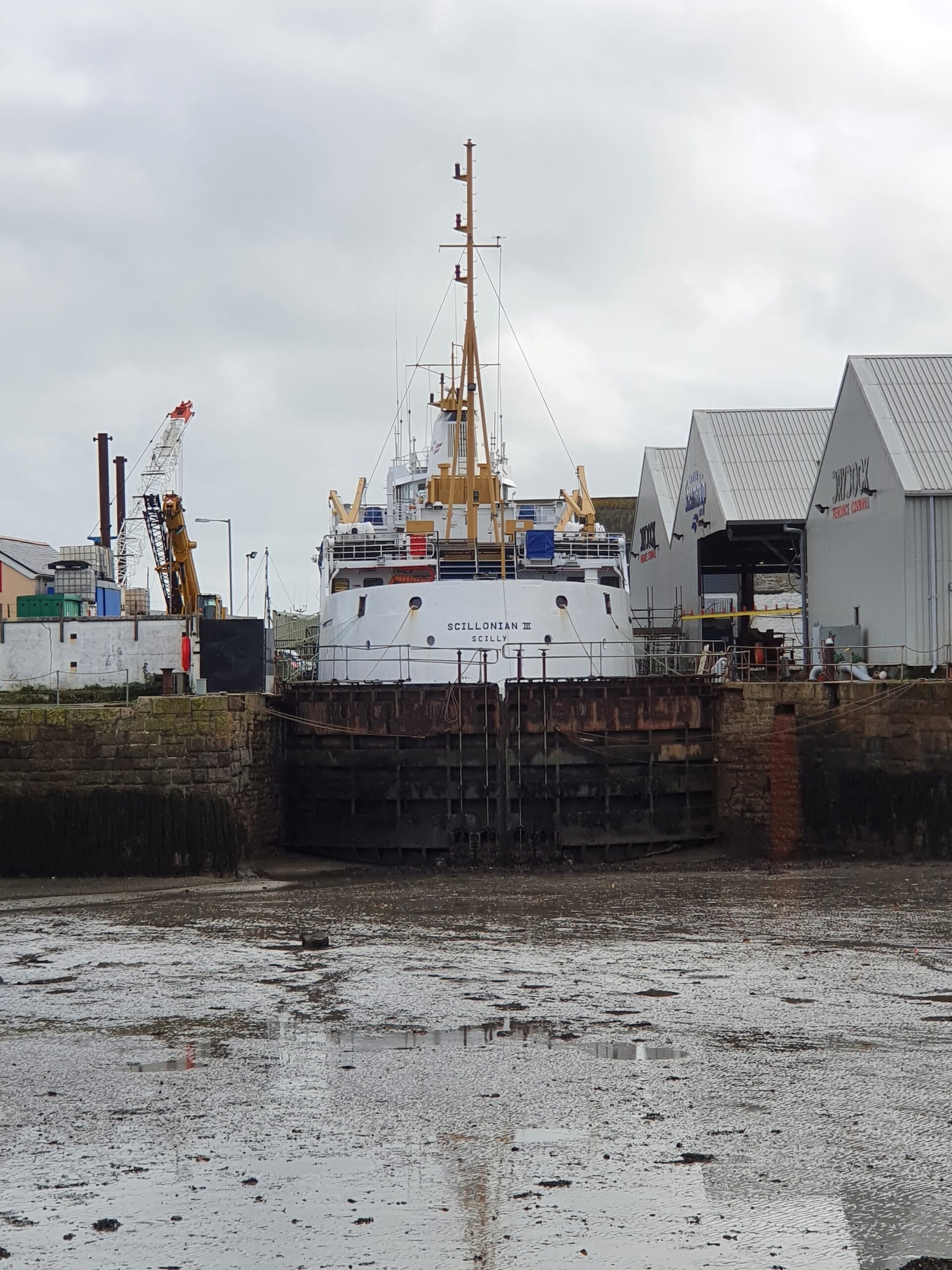 The Scillonian III in the dry dock at Penzance harbour, seen from the stern